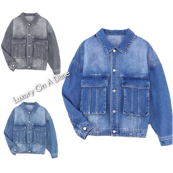 Oversized Denim Jacket Button-Up Collared Retro 90s Boyfriend Heavy Blue Jean - Picture 15 of 16